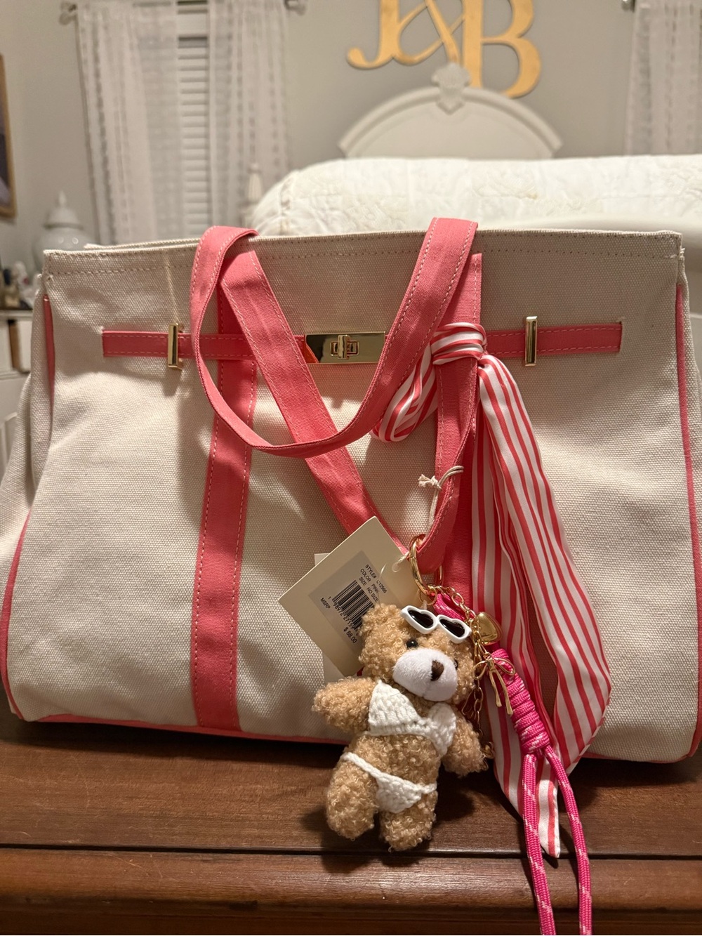 Canvas Tote Bag with Pink Trim and Playful Charm